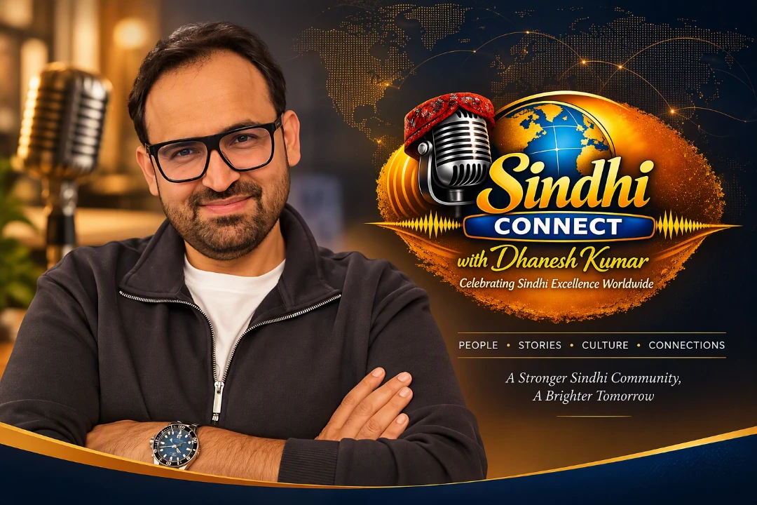 Dhanesh Kumar, host of Sindhi Connect, with the Sindhi Connect logo